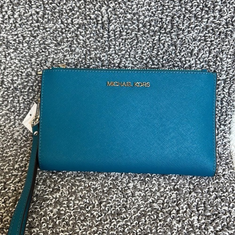 Michael Kors Large Double Zip Leather Wallet Wristlet Phone Case Lagoon